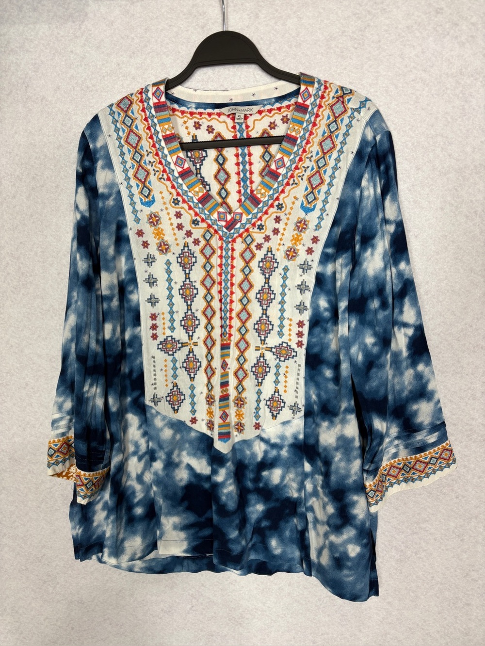 John Mark Boho Indigo Tie-Dye Embroidered V-Neck Tunic
